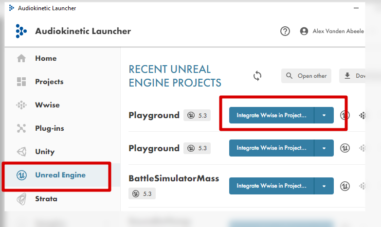 Wwise Launcher - Integrate Wwise in project button